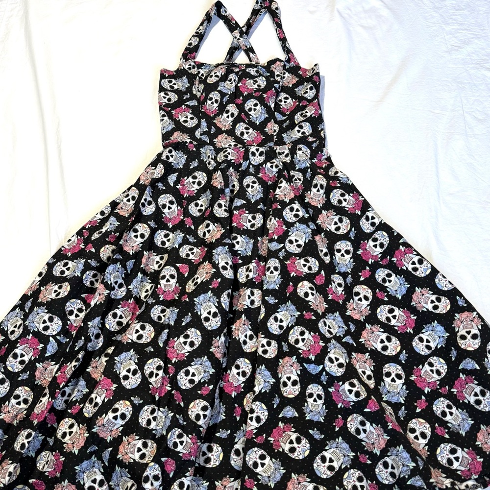 Hell Bunny Muertos 50s Style Smocked Swing Dress Dead Sugar Skull Print Ss M